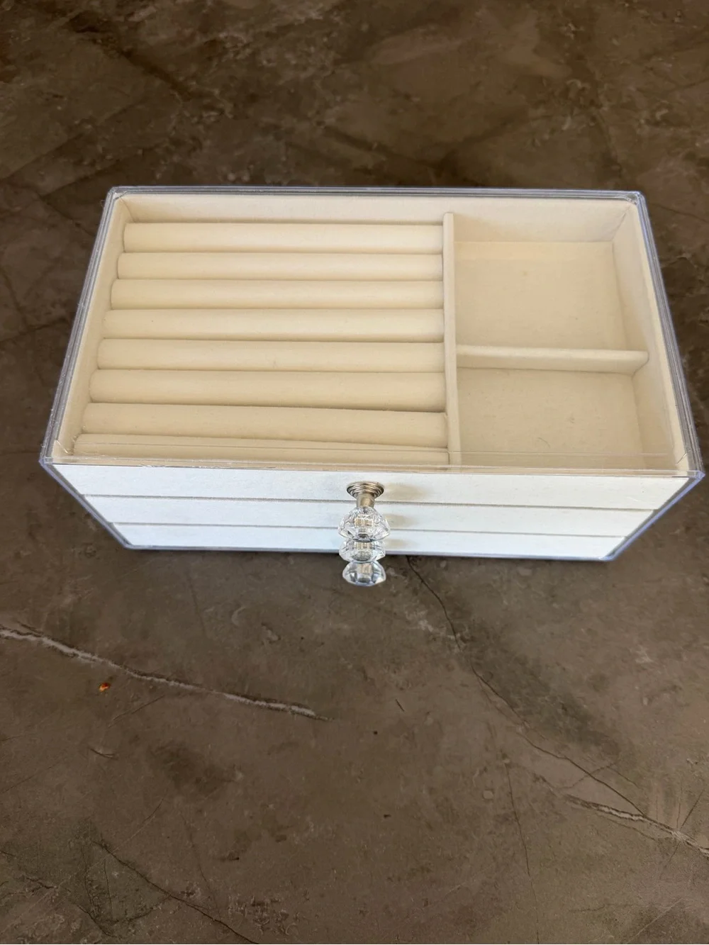 Cream Jewelry Organizer Box with Clear Lid and Crystal Knobs